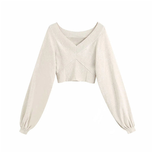 Haut tricoté slim à manches bouffantes et nombril exposé, couleur pure, 7179