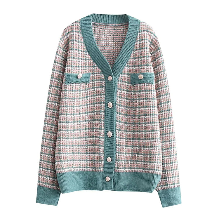 Cardigan tricoté français xiaoxiangfeng col en V pull ample à carreaux 7361