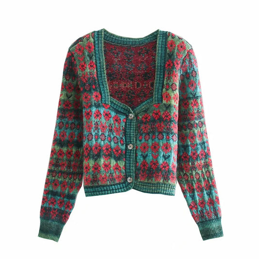 Pull manteau cardigan femme col carré vintage contraste jacquard manches longues tricot 7159