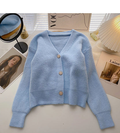Korean retro sweet Beaded single breasted long sleeved top  6023