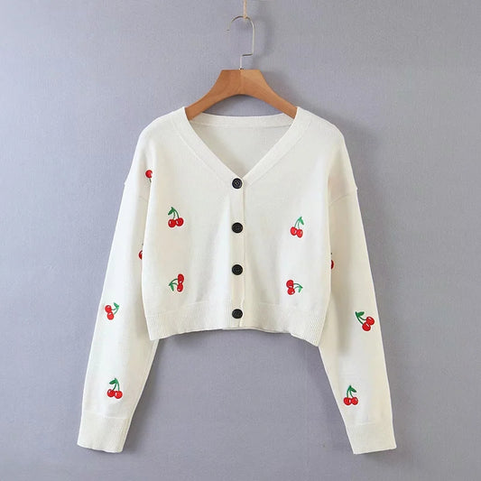 Pull ample brodé de cerises, joli haut universitaire 7209