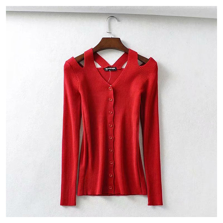 Vielseitige undichte Schulter V-Ausschnitt Langarm Pullover Cardigan Top 7273