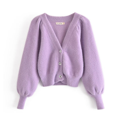 Cardigan tricoté à col en V et manches lanternes à trois boutons pour femme 7237