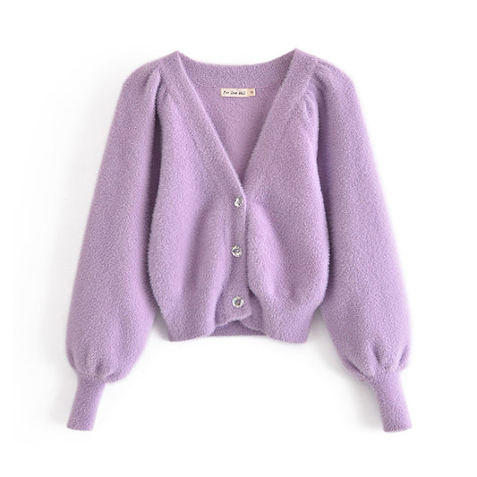 Cardigan tricoté à col en V et manches lanternes à trois boutons pour femme 7237