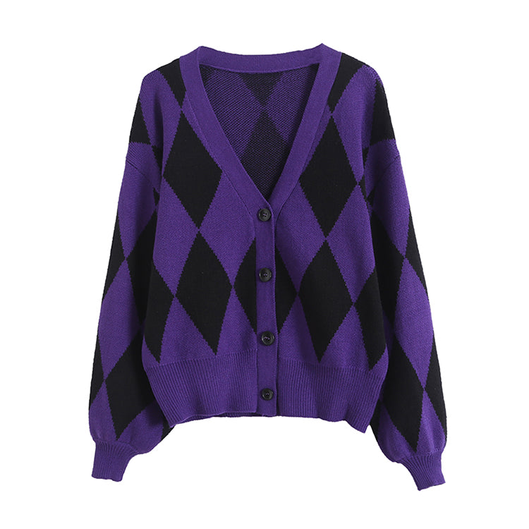 V-neck knitted cardigan women's loose temperament Lantern Sleeve Sweater  7413