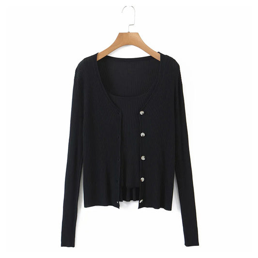 Cardigan tricoté à manches longues + pull deux pièces avec écharpe à l'intérieur 7269