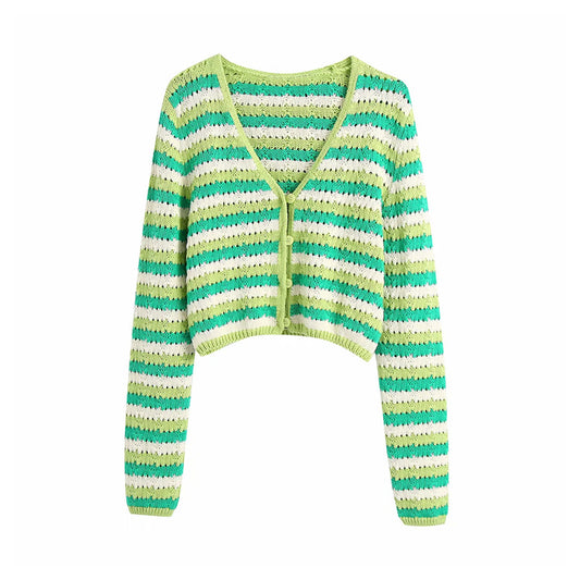 Nouveau manteau cardigan en tricot à rayures courtes à col en V 7245