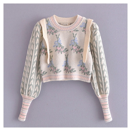 Pull jacquard vintage pour femme, pull à manches bouffantes avec nombril ouvert 7296