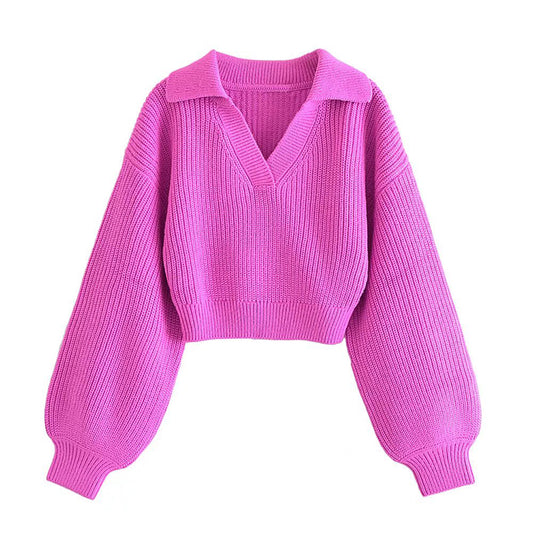 Pull à col en V et manches lanternes Pull court vintage 7349