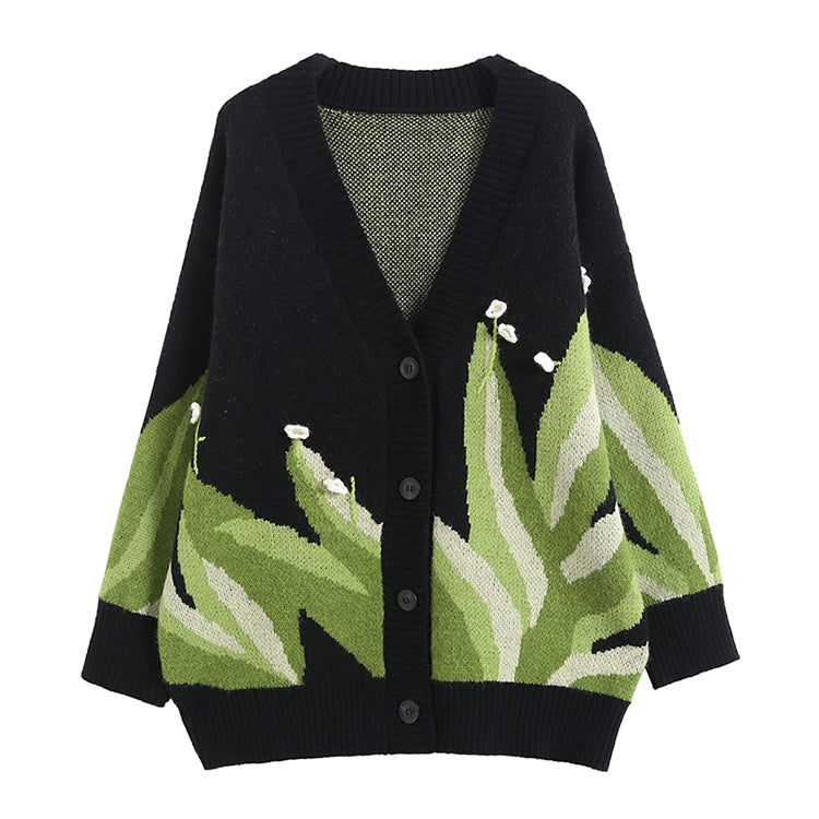 Cardigan tricoté de style paresseux, manteau pull à fleurs tridimensionnelles pour femme 7346