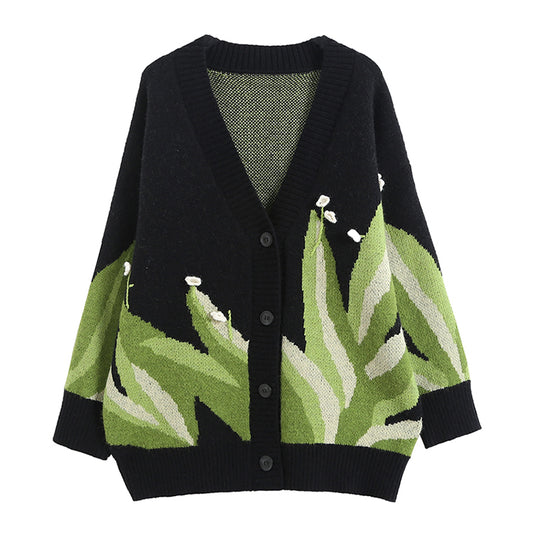 Cardigan tricoté de style paresseux, manteau pull à fleurs tridimensionnelles pour femme 7346