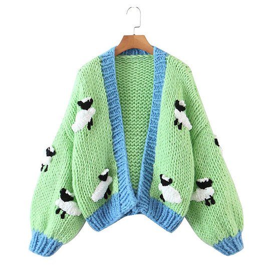 Pull épais fait main en pur mouton de dessin animé tridimensionnel principal 7326