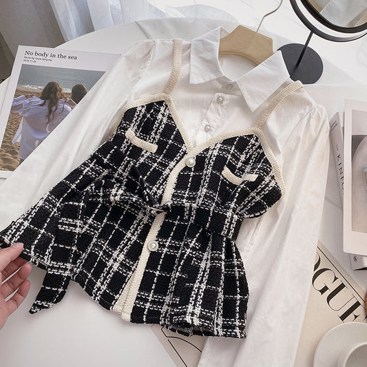Waist check sling fake two piece splicing long sleeve top  6289
