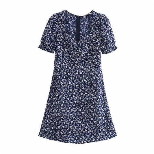 Printed sexy low cut French bubble sleeve dress  7081