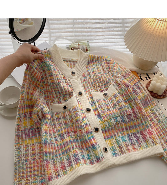 Manteau à manches longues en tricot à rayures de couleur douce 5887
