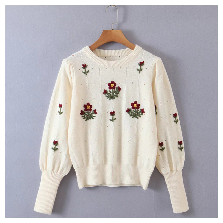 Nouveau pull col rond brodé fleur de vent paresseux 7435
