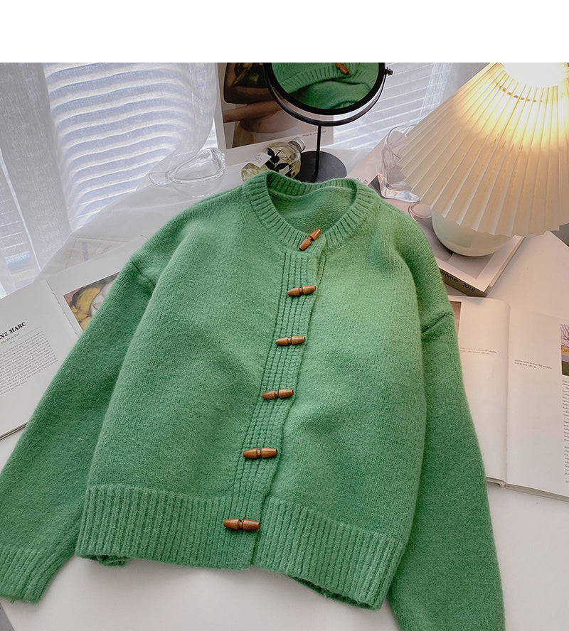 New Korean foreign style design long sleeve round neck ox horn button top  6006