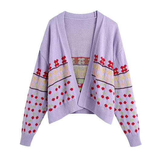 Nouveau manteau tricoté jacquard violet doux pour femme 7231