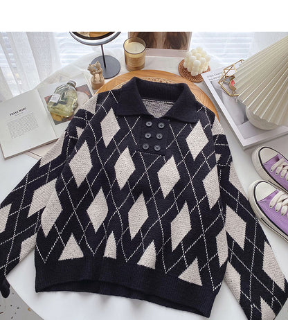 Lapel Pullover design rhombic contrast top  6050