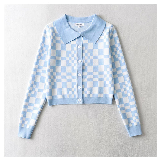 Pull col polo à carreaux en damier, pull court, veste cardigan 7357