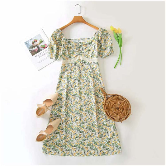 Light mature fashion fresh broken flower long dress  7130