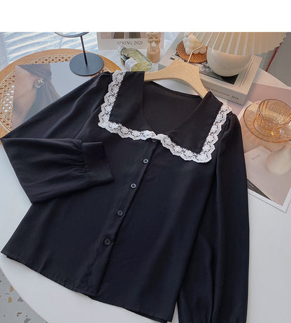 Lace doll neck design shirt soft sweet long sleeve top  6367