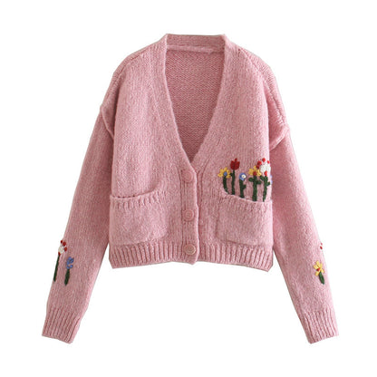 French sweet V-Neck long sleeve flower jacquard sweater knitted coat  7355