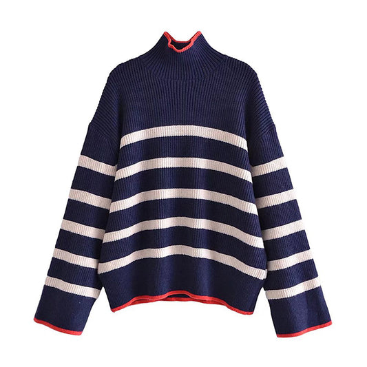 Pull ample vintage à col haut et rayures contrastées 7347
