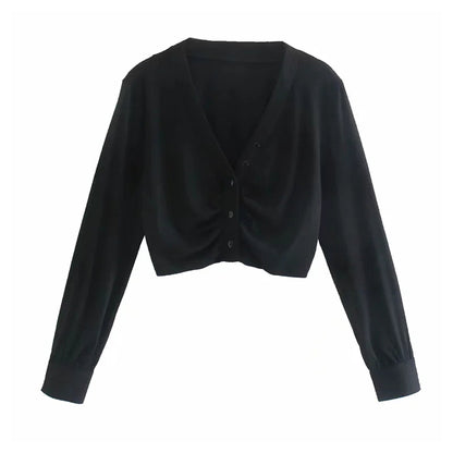 V-neck pleated breasted long sleeve short knit cardigan top  7401