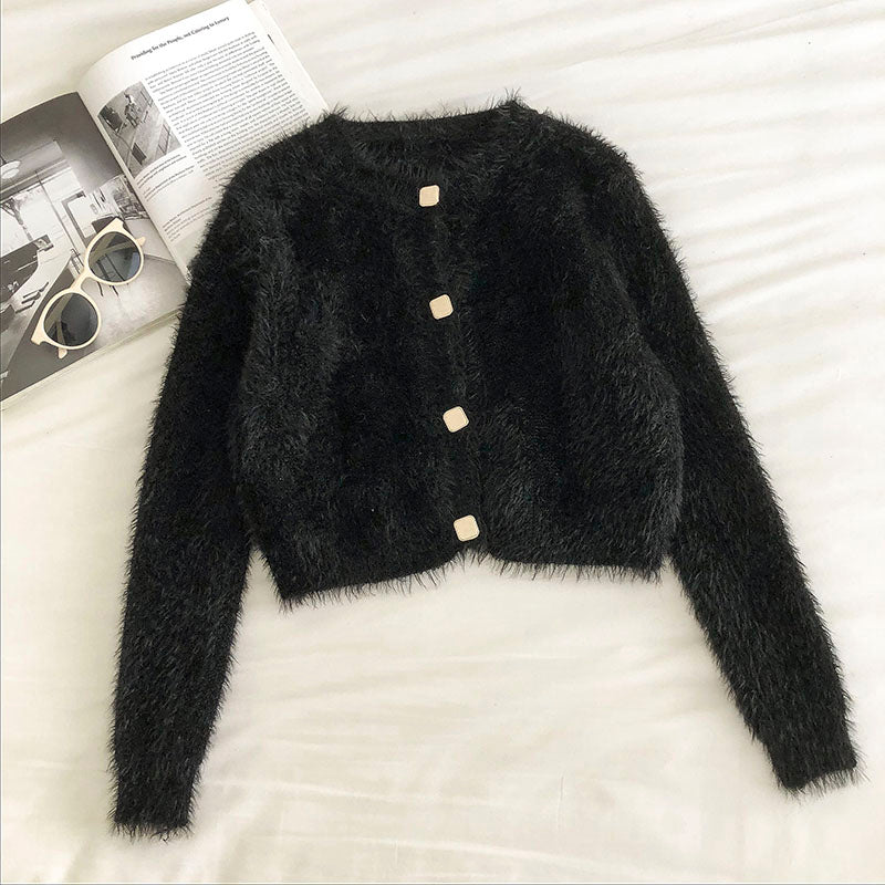 Solid color crew neck retro long sleeve short knit cardigan women  5837