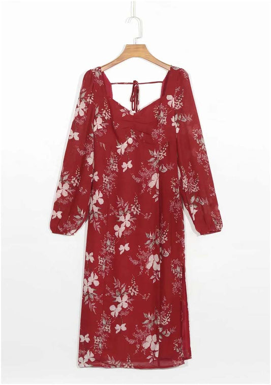 Square neck waist closing long sleeve printed side split knee dress  7127