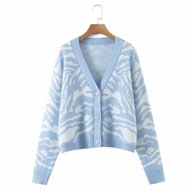 Pull à manches longues en jacquard de cheval Cardigan en tricot à col en V rétro paresseux 7265