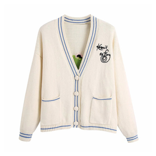Veste cardigan ample à col en V brodée 7262