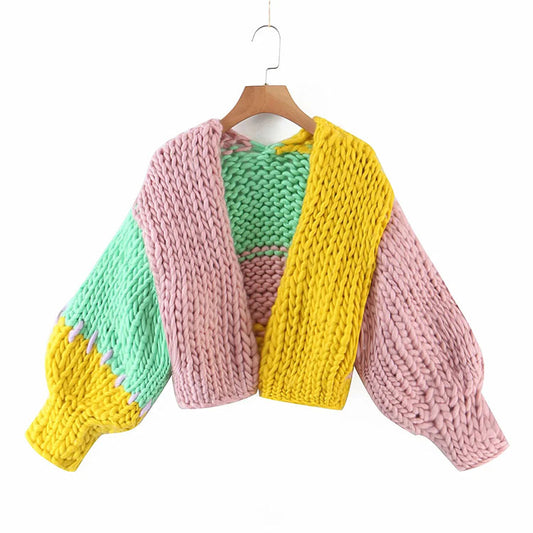 Pull cardigan tricoté à manches lanternes de style ample et paresseux 7182