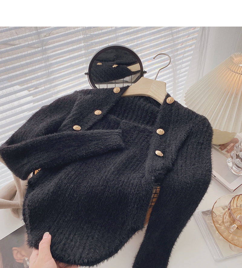 Wool sweater slim fit short small square neck double row button top  6603