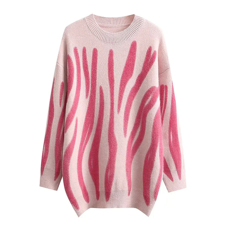 Lockerer, langärmliger Pullover im Retro-Stil mit unregelmäßigen Streifen und Rundhalsausschnitt 7359