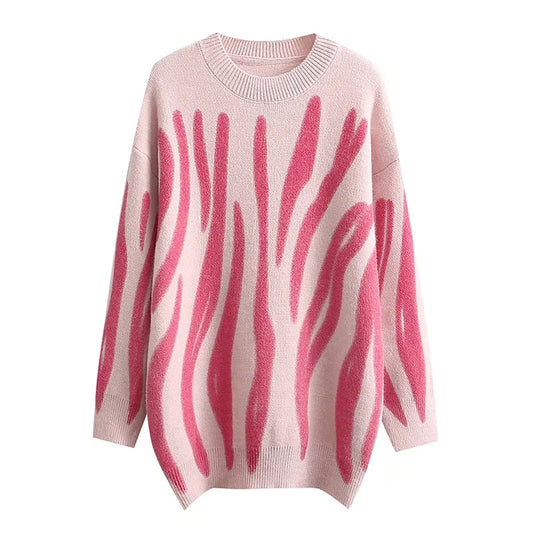 Pull ample à manches longues et col ras du cou à rayures irrégulières de style rétro 7359