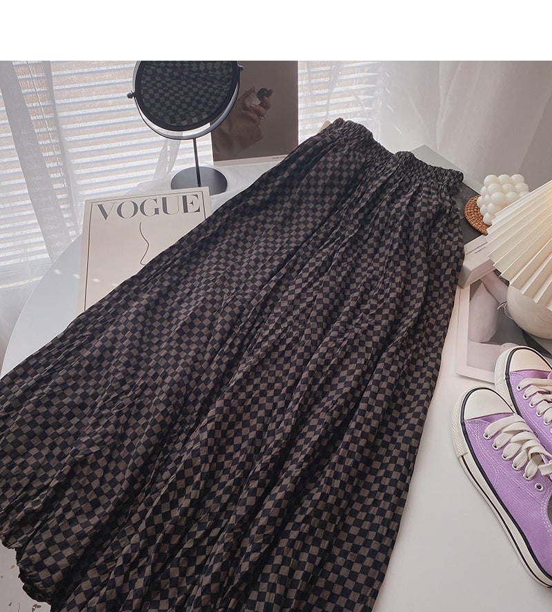 Irregular plaid skirt women's slim high waist elastic A-shaped long skirt  5807