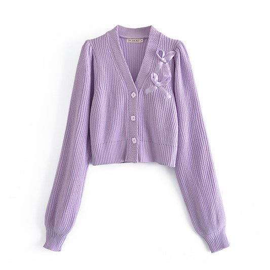 Cardigan en maille à col en V avec broderies de nœuds 7293