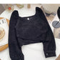 Korean irregular cross short slim long sleeve collarbone leakage top  6345