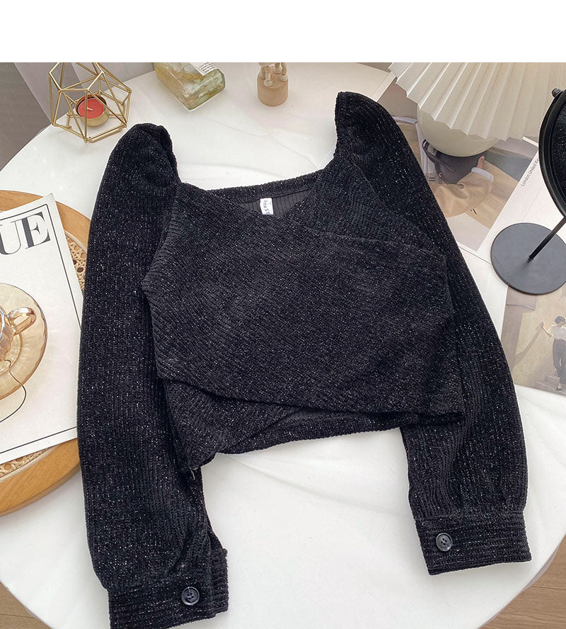 Korean irregular cross short slim long sleeve collarbone leakage top  6345