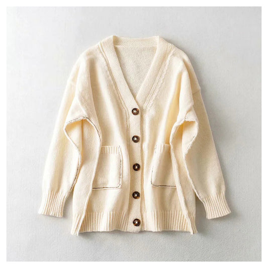Manteau cardigan tricoté à col en V avec ligne de blocage de couleur Lazy Wind 7286