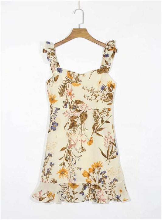 French Vintage printed Ruffle suspender dress  7134