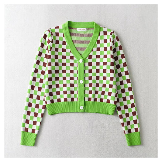 Cardigan en tricot à carreaux et col en V slim 7307