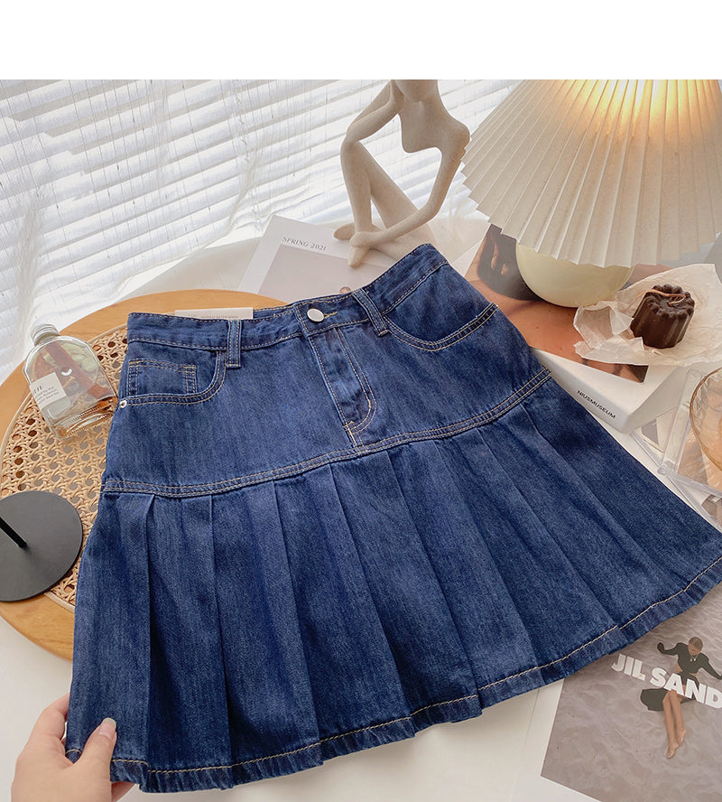 Denim high waist A-line pleated skirt shows thin skirt  5623