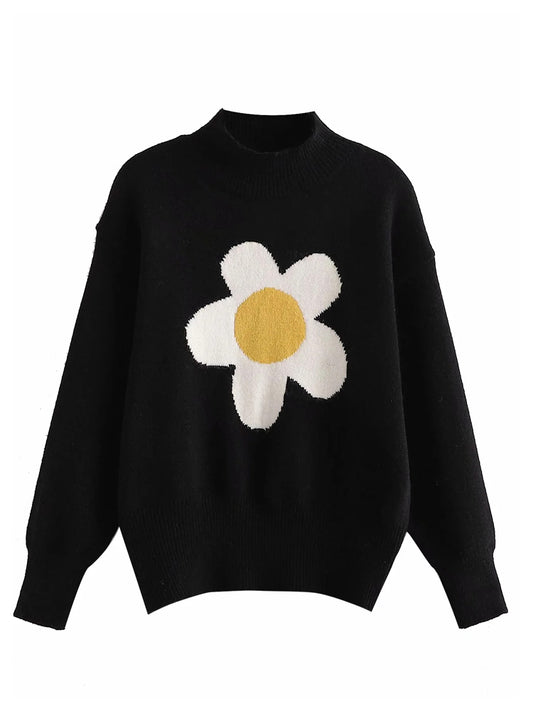 Pull jacquard à col rond et manches longues en tricot ample 7243