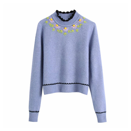 Nouveau haut en tricot brodé à motifs floraux doux 7221