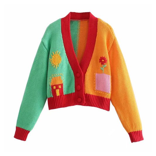 Nouveau pull brodé contrasté à panneaux multiples 7268