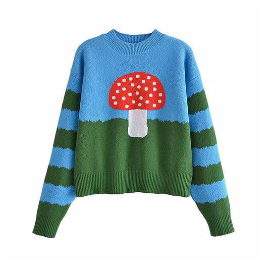 Nouveau pull à manches longues en tricot jacquard à rayures champignon 7289