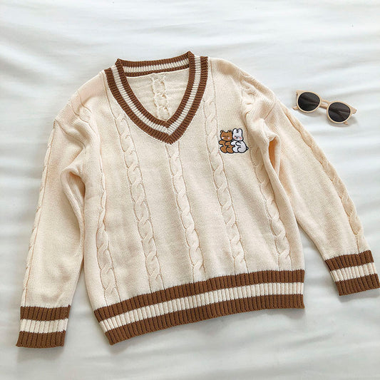 Pull étudiant à imprimé ours mignon et col en V contrasté 5839